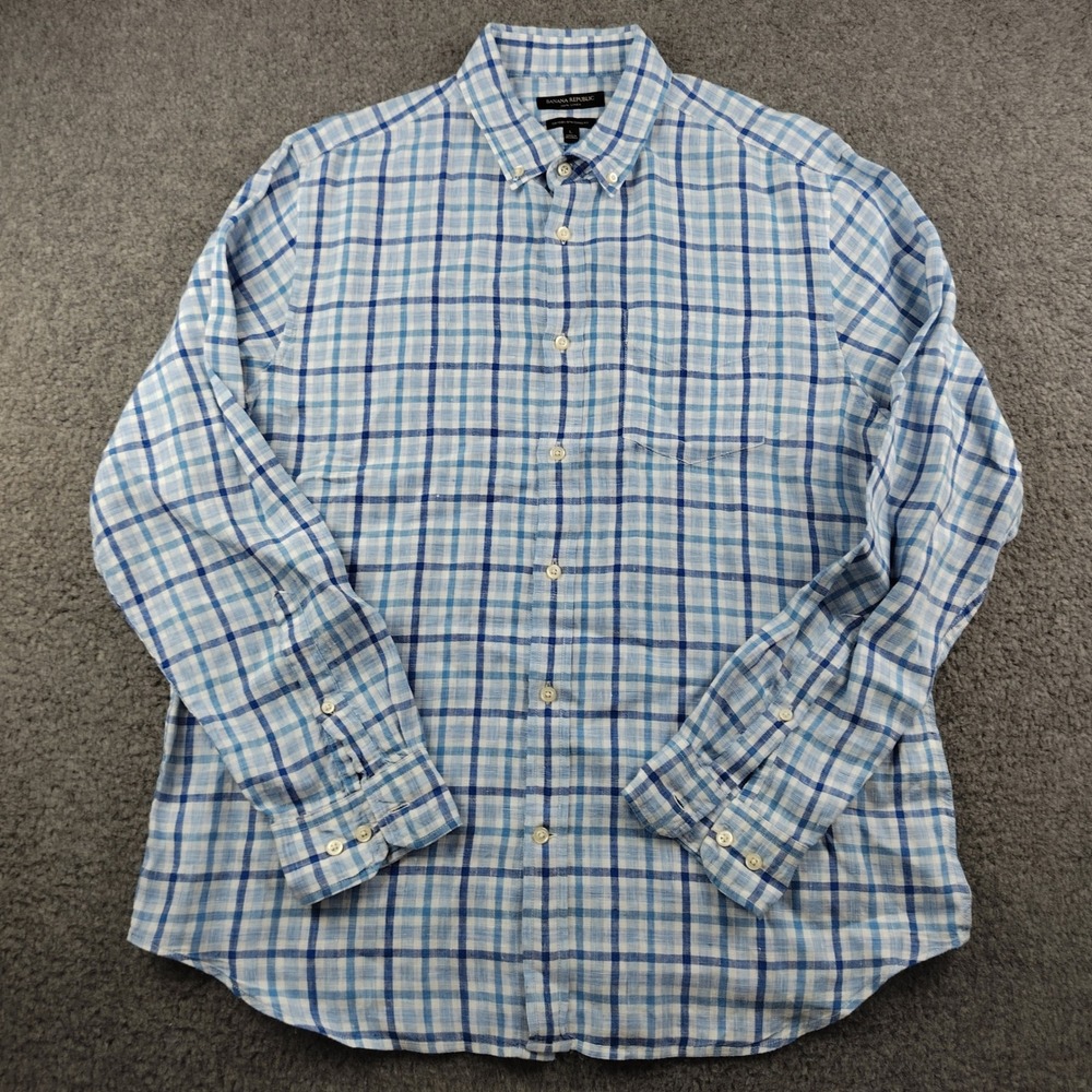 Banana Republic Linen Shirt Mens Blue White Plaid Camden Standard Fit Large